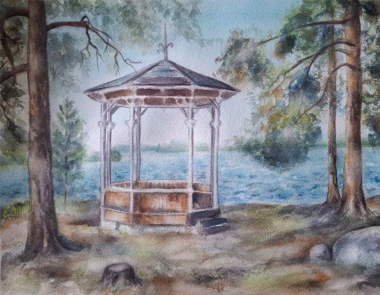 Original Landscape Painting by Mervi Korhonen | Contemporary Art on Paper | Pavillion by the lake