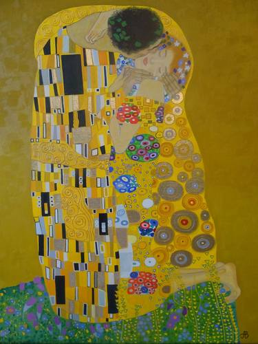 Kiss at starry night - pop art painting on large canvas, kissing couple,  inspired by Gustave Klimt Golden kiss , Luis Vuitton Channel, wall art,  decor, gift Painting by Tatsiana Yelistratava