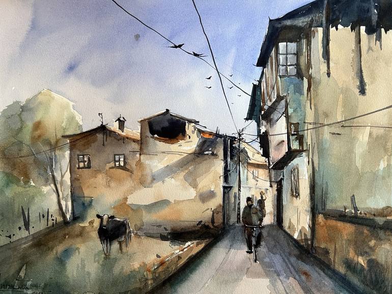 Canvas Print Abstract watercolor storytelling, Village Street painting