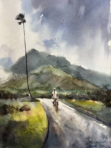 Rainy mountain and village man on road thumb