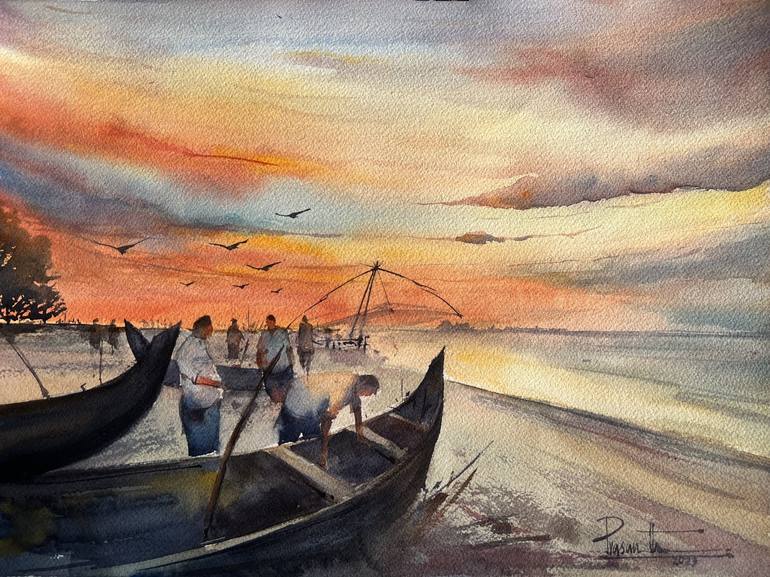 fishing painting with sunset