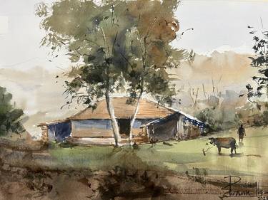 Indian rural old house and cattle shed with cow thumb