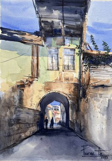 An old street view Watercolor painting thumb