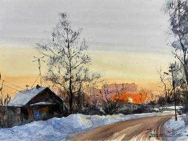 winter scape and sunset painting thumb