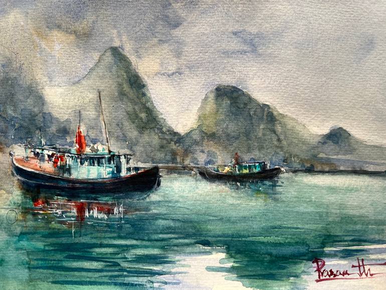 Original Boat Painting by Prasanth Kp | Art Deco Art on Paper | Boat in the lake