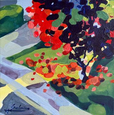 Fall townhouse neighbourhood with red tree - original piece thumb