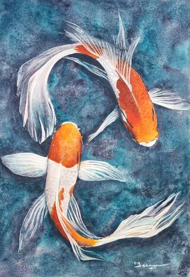 Koi watercolor, Japanese carps, Asian artwork, Fishes in pond Painting by  Katja Artsy