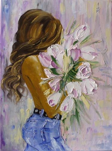 Girl with Bouquet tulips Oil Painting thumb