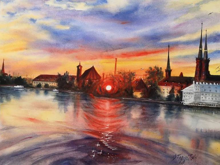 Winter Morning (original watercolor painting, landscape, cityscape, sunrise) newest