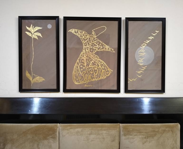 Whirling Dervish (Gold leaf Calligraphy) - 3 piece art Painting by Hamna  Zaurayz