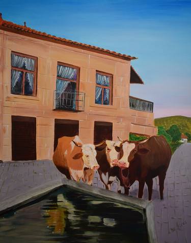 Cows -the way home. Acrylic painting. Sunny Portugal thumb