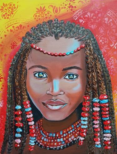 Afrikanisches Mädchen Acryl mit Strukturpaste auf Leinwandpanel thumb