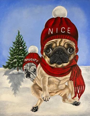 Naughty and Nice pug dogs in winter wonderland thumb