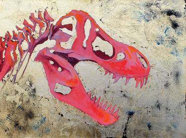 Trex skull in fluorescent pink with distressed gold leaf thumb