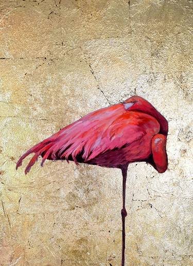 Sleeping flamingo in fluorescent pink with distressed gold leaf thumb