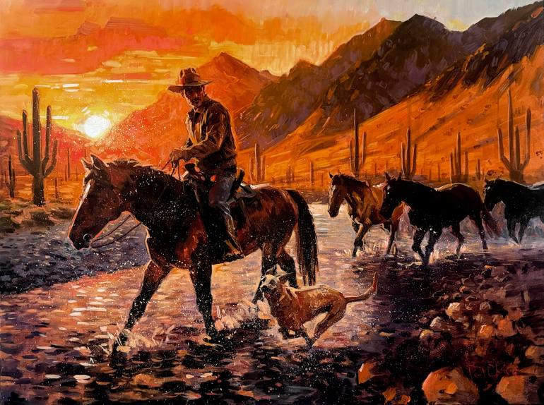 Original People Painting by Paul Cheng | Impressionism Art on Canvas | Sunset in the Saddle