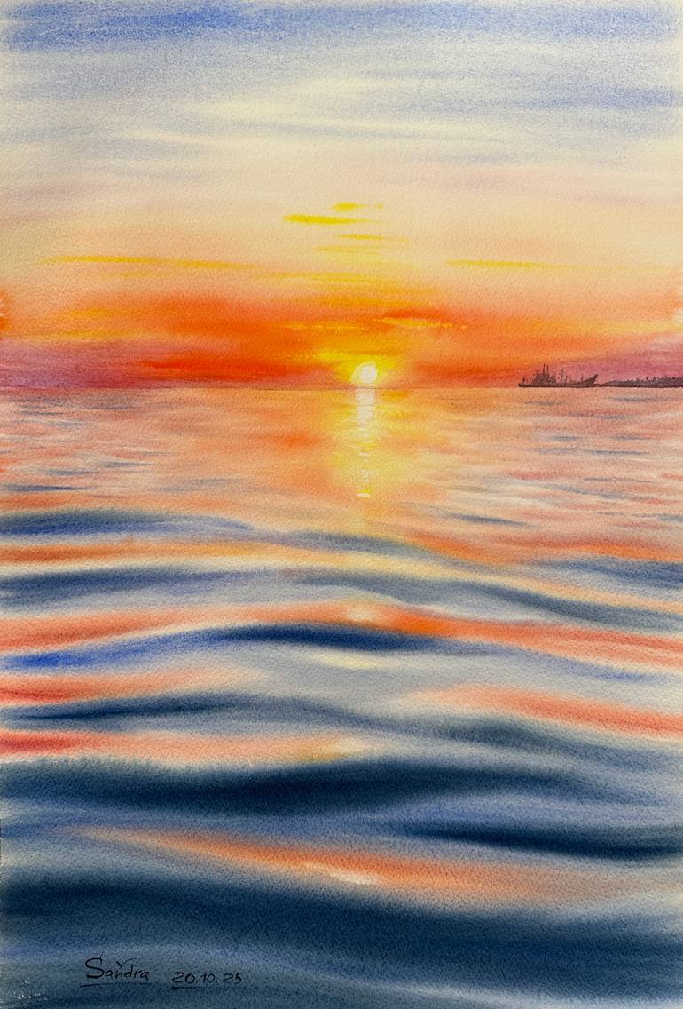 Original Seascape Painting by Oleksandra Padushyna | Photorealism Art on Paper | Native sunset over the sea