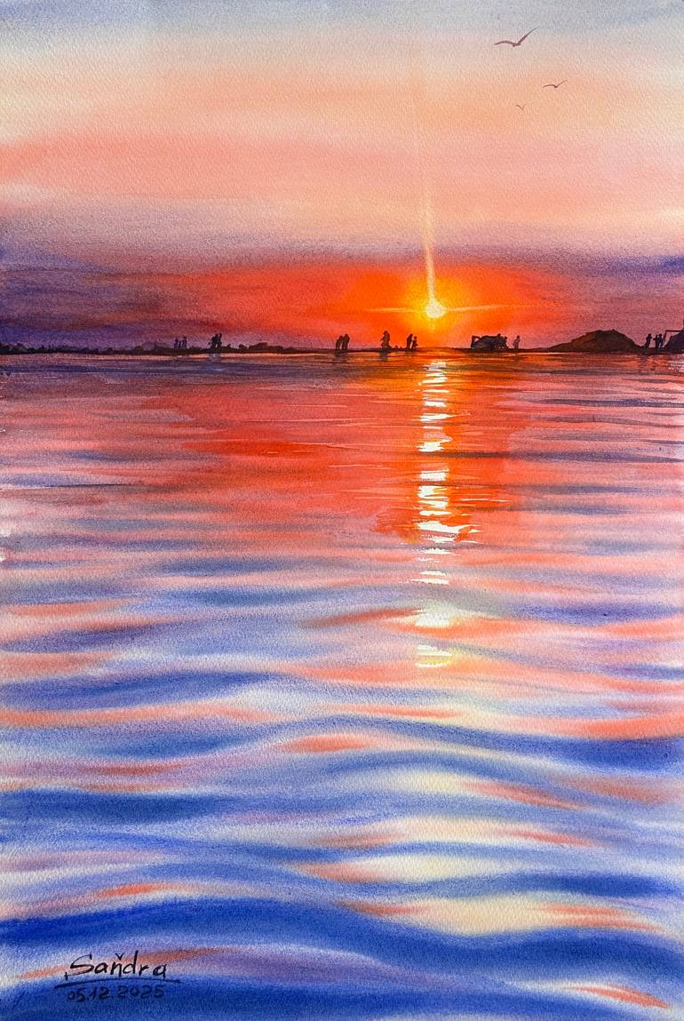 Original Seascape Painting by Oleksandra Padushyna | Realism Art on Paper | Admiring the Sunset on the Way Home