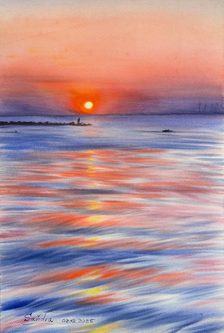 Original Seascape Painting by Oleksandra Padushyna | Photorealism Art on Paper | Evening Kiss of the Sun