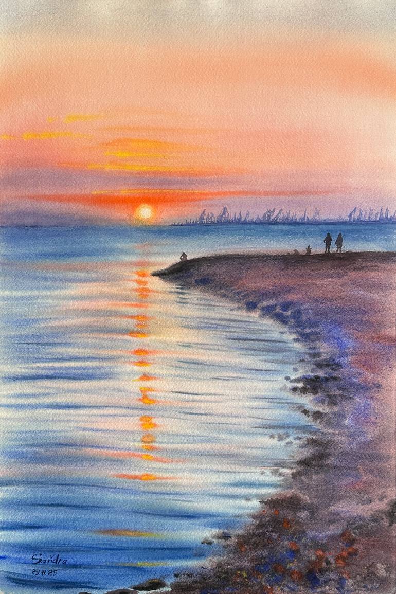 Original Seascape Painting by Oleksandra Padushyna | Impressionism Art on Paper | The Aesthetics of a Sunset over the Sea