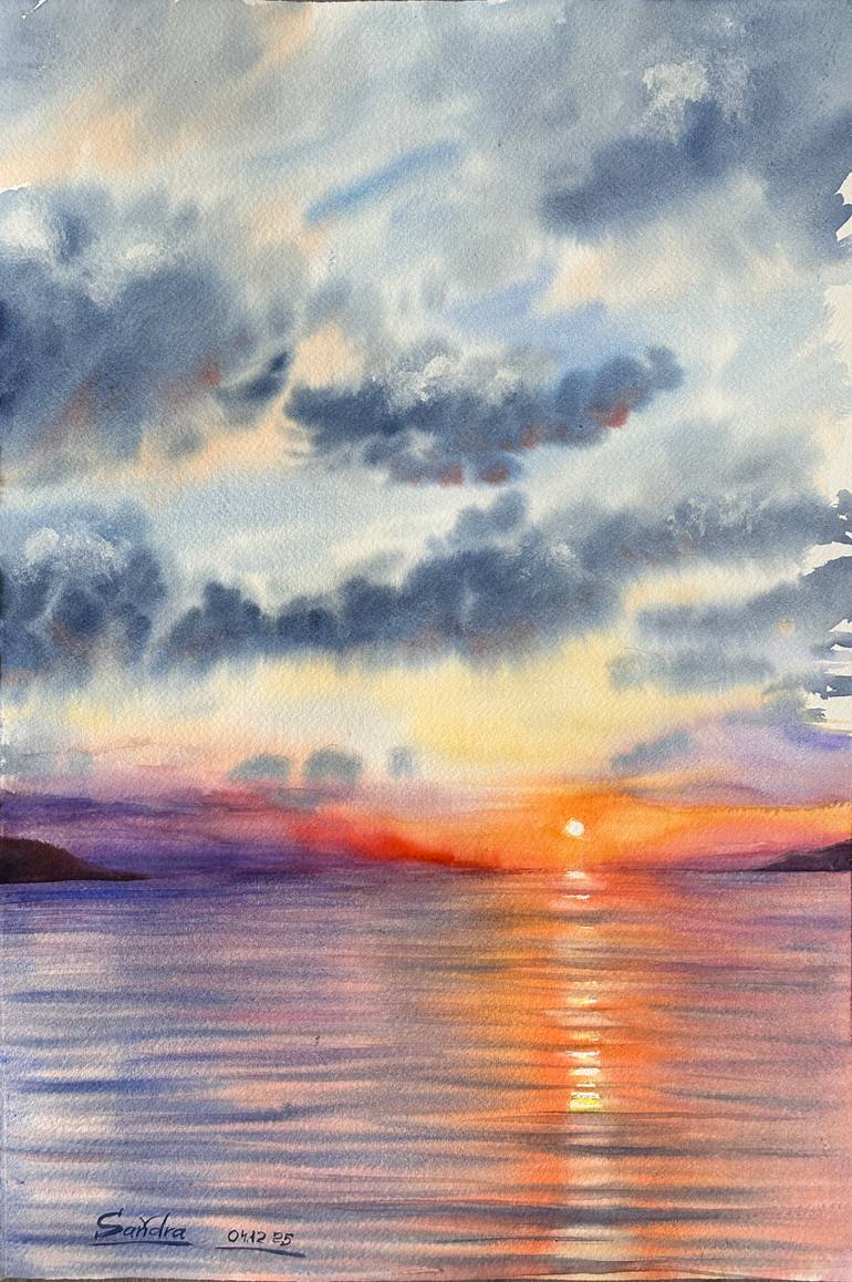 Original Seascape Painting by Oleksandra Padushyna | Impressionism Art on Paper | Sunset Over the Sea in Turkey