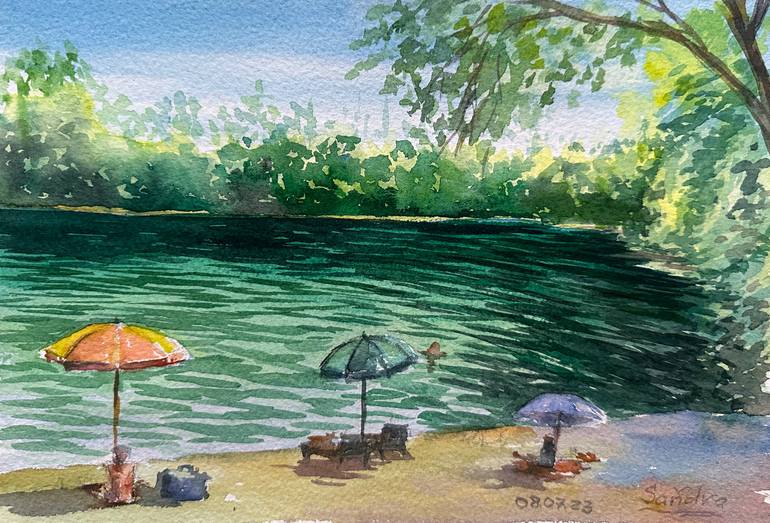 Original Nature Painting by Oleksandra Padushyna | Impressionism Art on Paper | Summer Holiday at the Lake