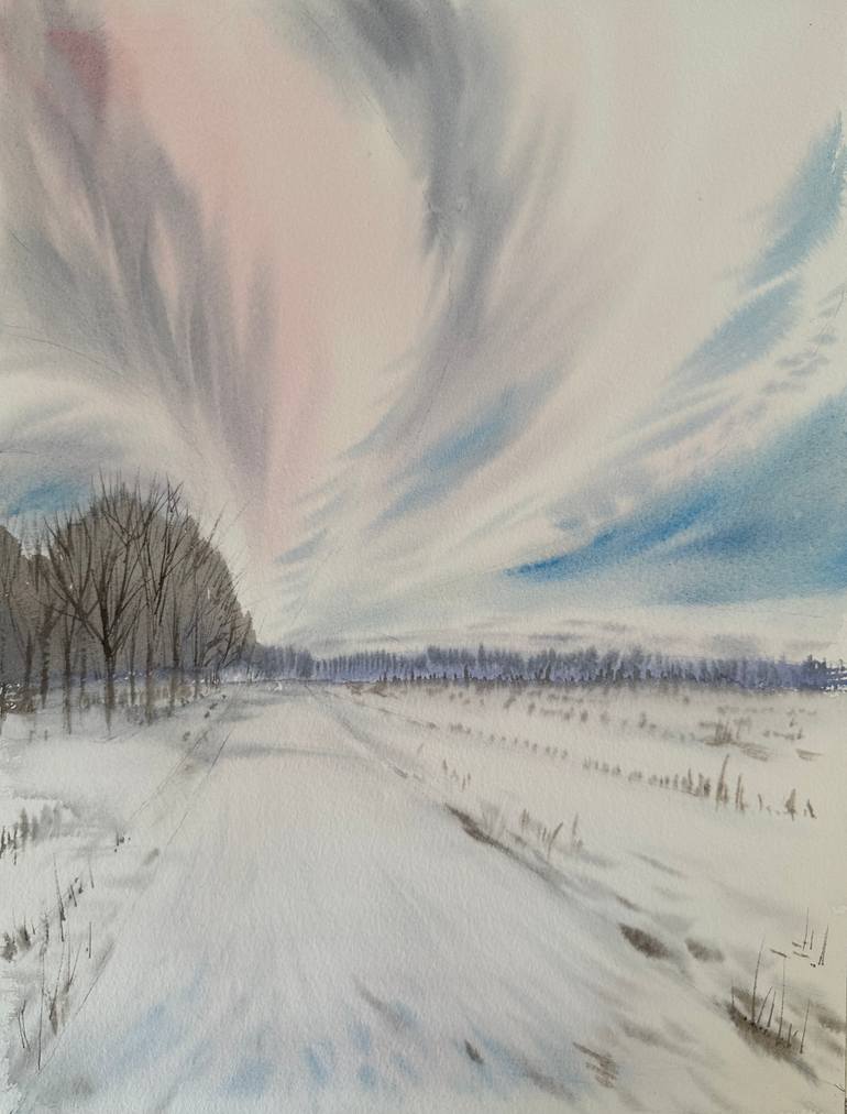 Original Landscape Painting by Oleksandra Padushyna | Realism Art on Paper | Soft Blue and Pink Winter Sky