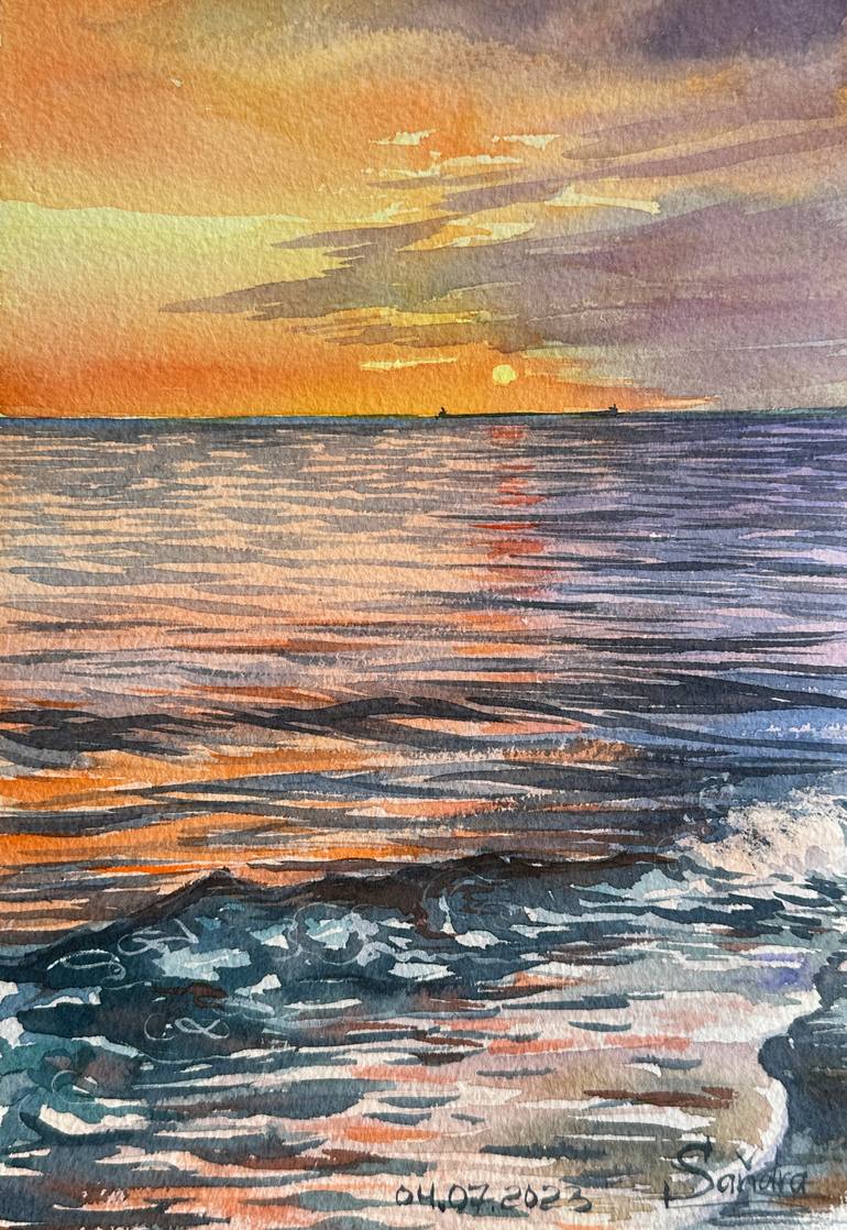 Original Seascape Painting by Oleksandra Padushyna | Realism Art on Paper | Sunset on the sea