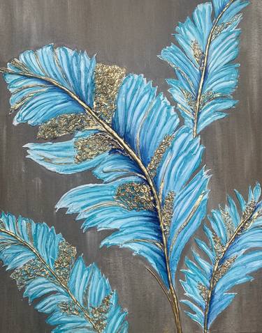 Contemporary Elegance: Turquoise & Gold Feathers thumb