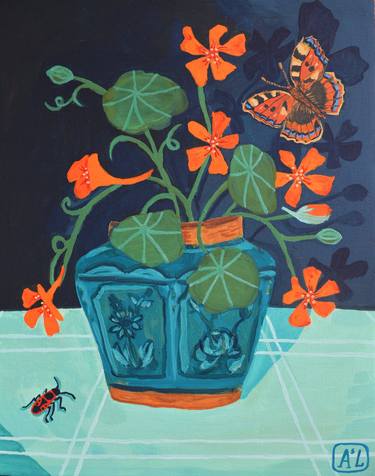 'Summernight' - Green Ginger Jar with Nasturtium and Insects thumb