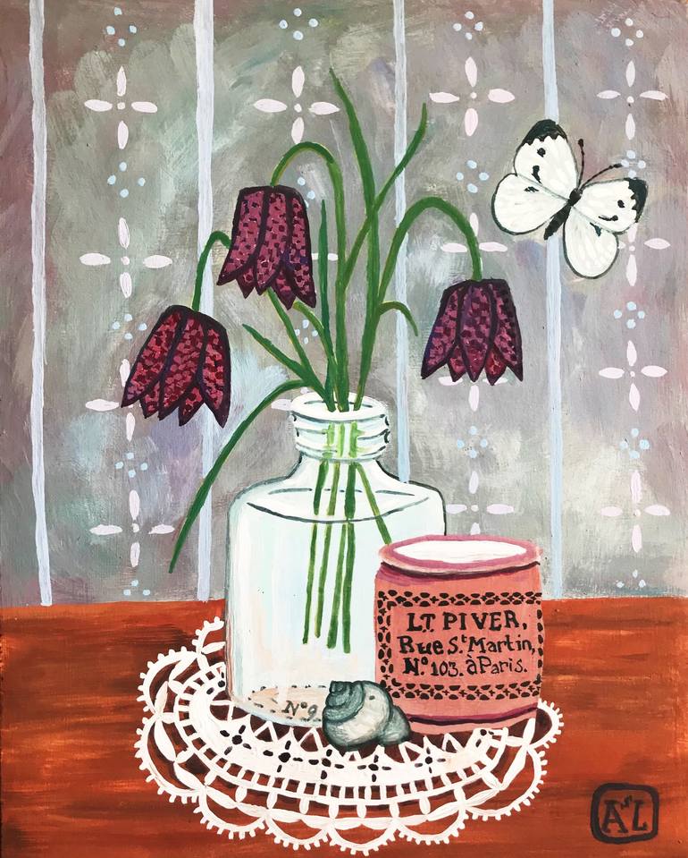 Kievitsbloemen' Still life with Fritillaries & Cabbage Butterfly