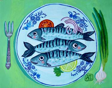 'Vrijdag Visdag' Three fishes on a plate - Kitchen Still life thumb
