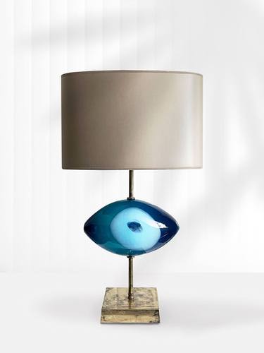Table Lamp Blue Glass Eye by M&D on Antique Brass Base / One of thumb