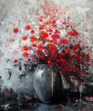 Bouquet of red flowers in gray vase thumb