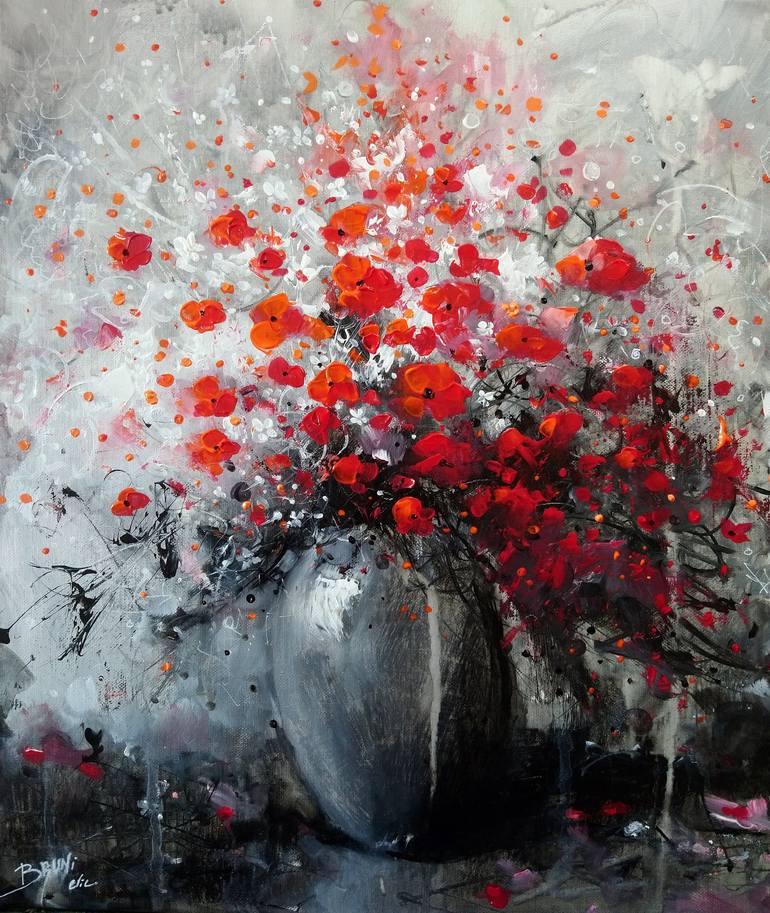 Original Floral Painting by Eric Bruni | Expressionism Art on Canvas | Bouquet of red flowers in gray vase