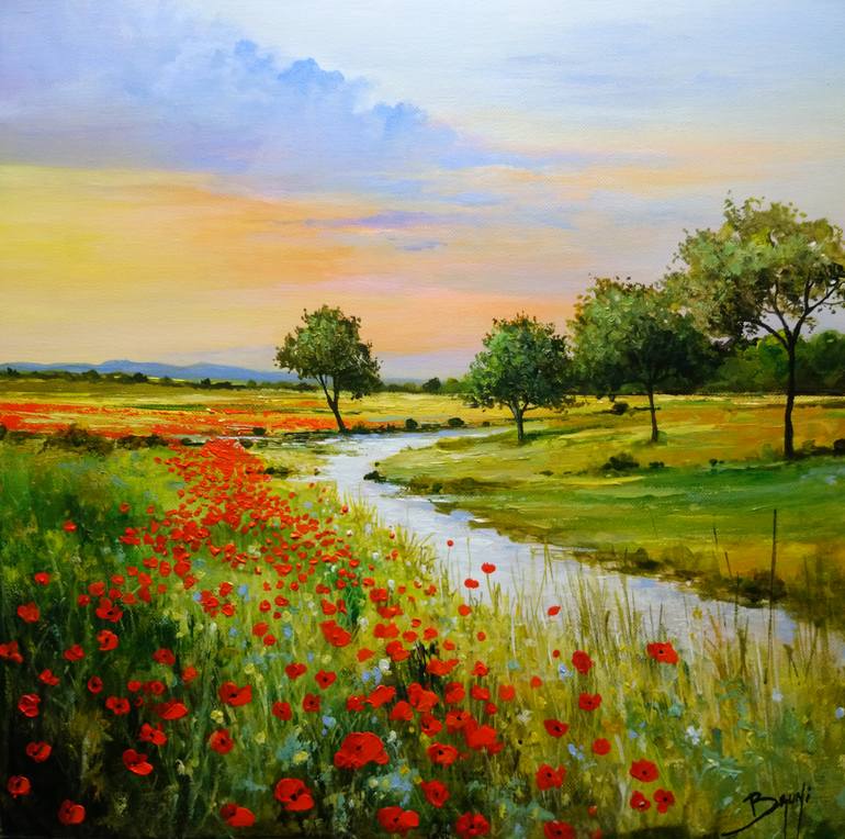 Original Landscape Painting by Eric Bruni | Color Field Painting Art on Canvas | Sunset over the countryside