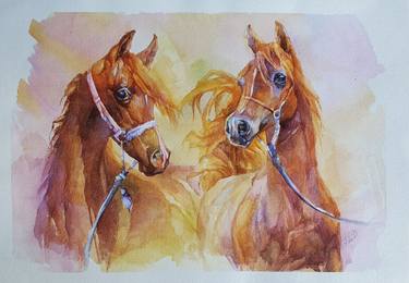 Acquaintance | pair of watercolor horses 35х50 | by Lidia Papean thumb