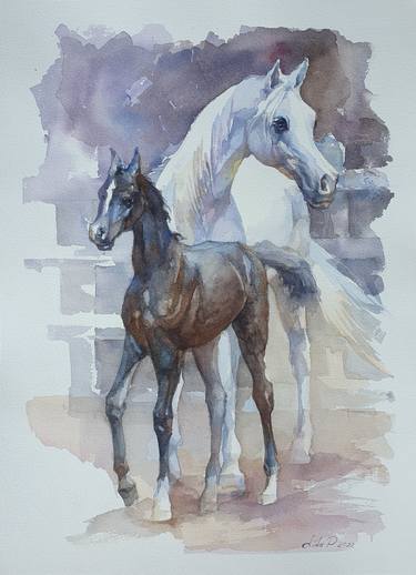 With mom | pair of watercolor horses 36х51 | by Lidia Papean thumb