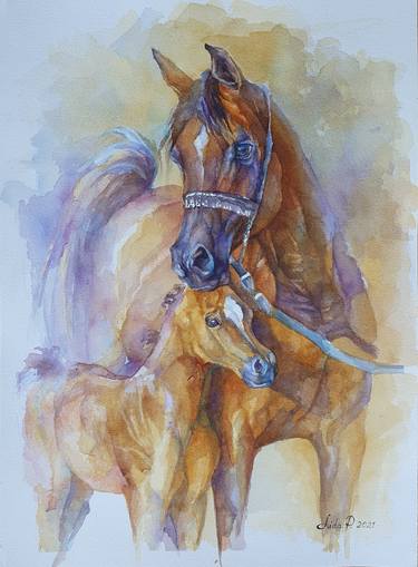 Mother's love | pair of watercolor horses 36х51 | by Lidia Papean thumb