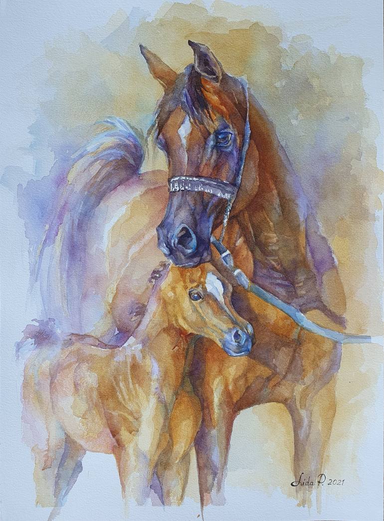 Mother's love, pair of watercolor horses 36х51, by Lidia Papean Painting  by lidia Papean