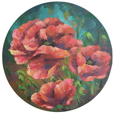 Red poppies flowers on a round canvas thumb