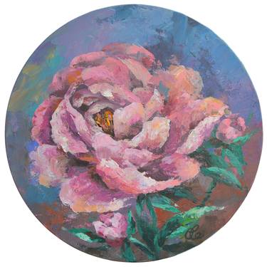 Pink flowers peonies on a round canvas thumb