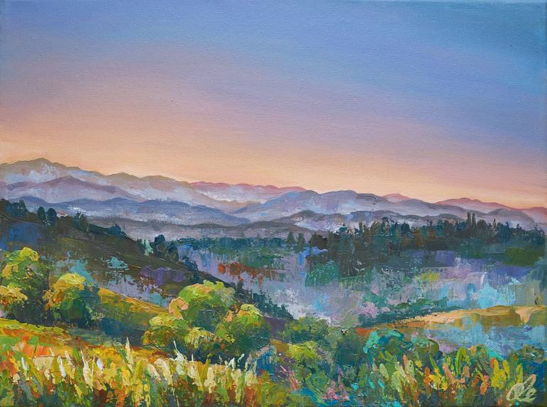 Wall Art Print, Village under the Mountains Vibrant Painting