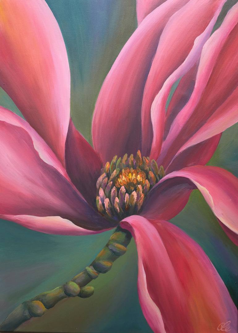 Original Botanic Painting by Oleksandra Oliinyk | Contemporary Art on Canvas | Magnolia flower pink and green