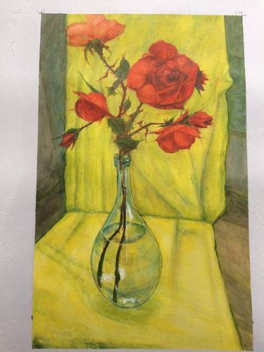 ROSES IN BOTTLE ON YELLOW thumb