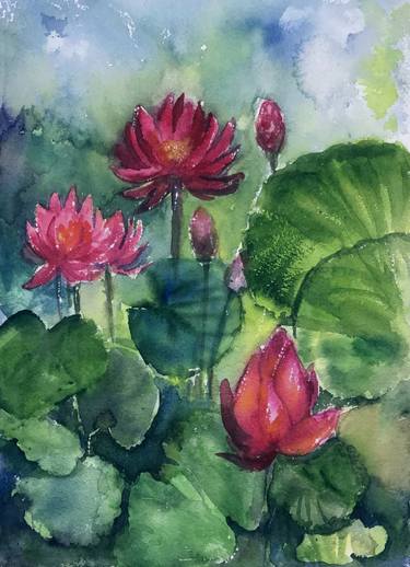 Monsoon water lily pond watercolor painting thumb