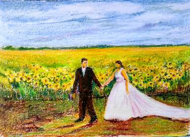 Newly wedded romantic couple in sunflower fields, oil pastel art thumb