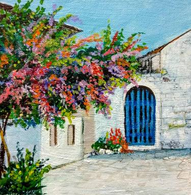 Santorini Summer house with bougainvillea, Miniature on canvas thumb