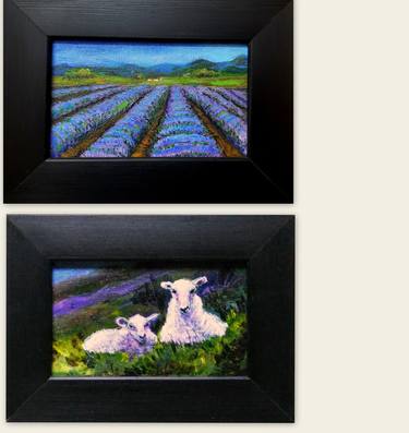 Lavender fields and Lambs on the hills, set of two paintings thumb