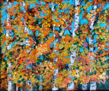 Autumn trees, textured acrylic painting with frame thumb